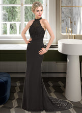 Load image into Gallery viewer, Willow Trumpet/Mermaid High Neck Sweep Train Chiffon Lace Bridesmaid Dress HDOP0012946