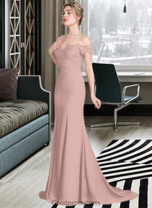 Olive Trumpet/Mermaid Off the Shoulder Court Train Chiffon Lace Bridesmaid Dress With Sequins HDOP0012955