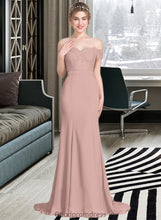 Load image into Gallery viewer, Olive Trumpet/Mermaid Off the Shoulder Court Train Chiffon Lace Bridesmaid Dress With Sequins HDOP0012955