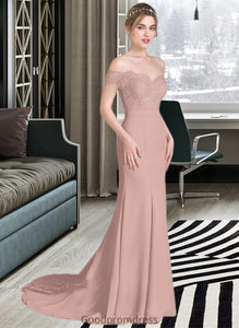 Olive Trumpet/Mermaid Off the Shoulder Court Train Chiffon Lace Bridesmaid Dress With Sequins HDOP0012955