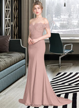 Load image into Gallery viewer, Olive Trumpet/Mermaid Off the Shoulder Court Train Chiffon Lace Bridesmaid Dress With Sequins HDOP0012955