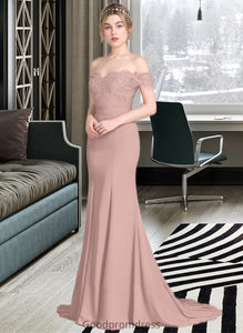 Olive Trumpet/Mermaid Off the Shoulder Court Train Chiffon Lace Bridesmaid Dress With Sequins HDOP0012955