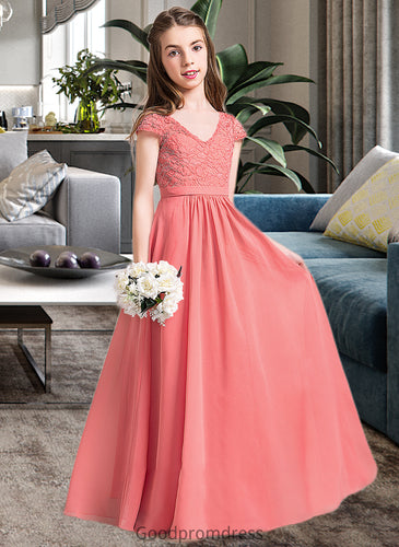 Olivia A-Line V-neck Floor-Length Chiffon Lace Junior Bridesmaid Dress HDOP0013634