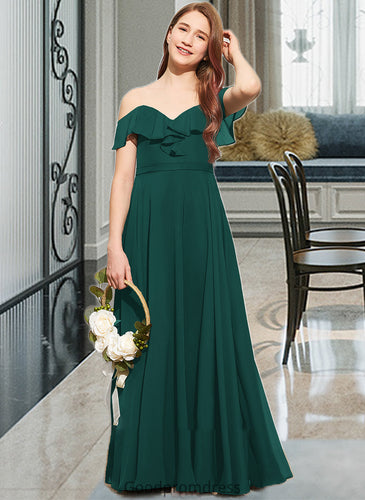 Ashanti A-Line Off-the-Shoulder Floor-Length Chiffon Junior Bridesmaid Dress With Cascading Ruffles HDOP0013635