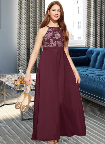 Caroline A-Line Scoop Neck Floor-Length Chiffon Lace Junior Bridesmaid Dress With Bow(s) HDOP0013637