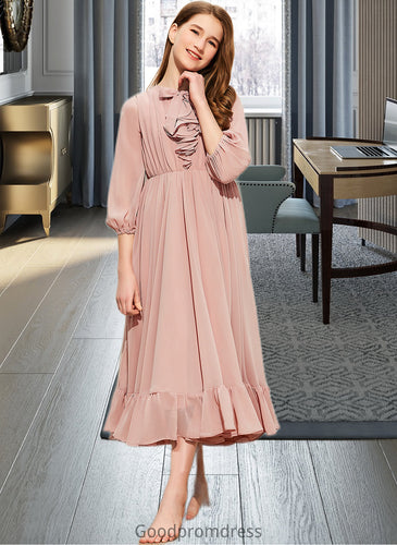Eloise A-Line Scoop Neck Tea-Length Chiffon Junior Bridesmaid Dress With Bow(s) Cascading Ruffles HDOP0013638