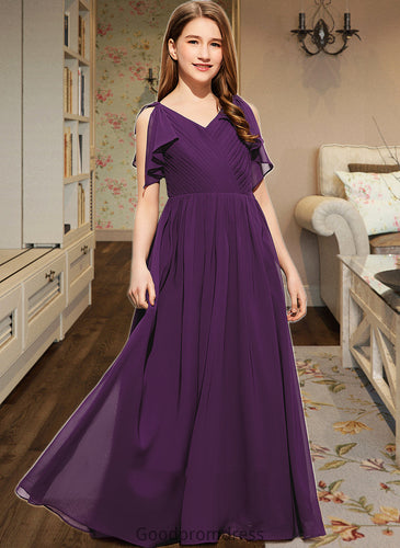 Kyra A-Line V-neck Floor-Length Chiffon Junior Bridesmaid Dress With Bow(s) Cascading Ruffles HDOP0013639