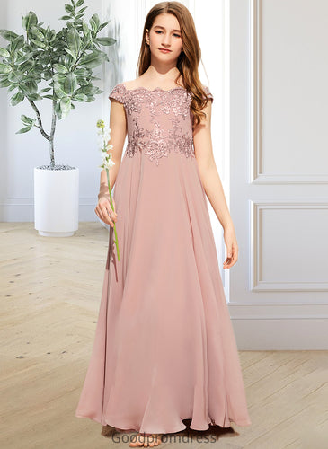 Karlie A-Line Off-the-Shoulder Floor-Length Chiffon Lace Junior Bridesmaid Dress HDOP0013640