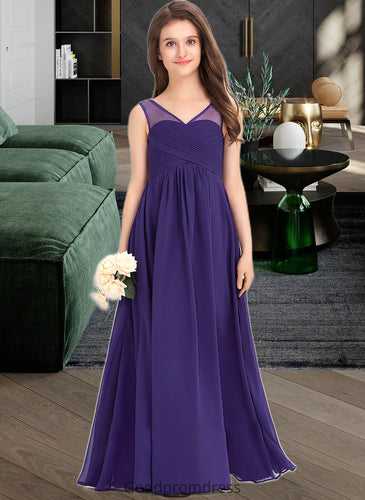 Macy A-Line V-neck Floor-Length Chiffon Junior Bridesmaid Dress With Ruffle HDOP0013642