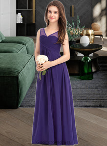 Macy A-Line V-neck Floor-Length Chiffon Junior Bridesmaid Dress With Ruffle HDOP0013642