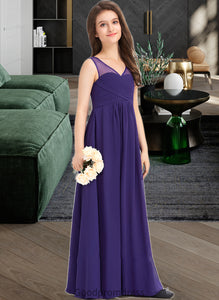 Macy A-Line V-neck Floor-Length Chiffon Junior Bridesmaid Dress With Ruffle HDOP0013642