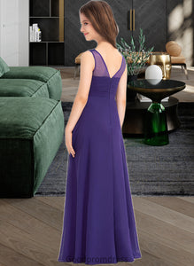 Macy A-Line V-neck Floor-Length Chiffon Junior Bridesmaid Dress With Ruffle HDOP0013642