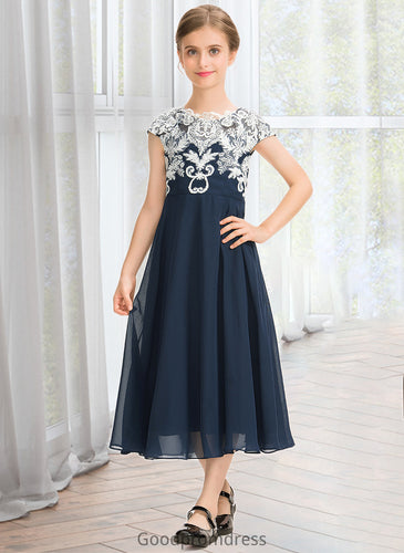 Clarissa A-Line Scoop Neck Tea-Length Chiffon Lace Junior Bridesmaid Dress HDOP0013643