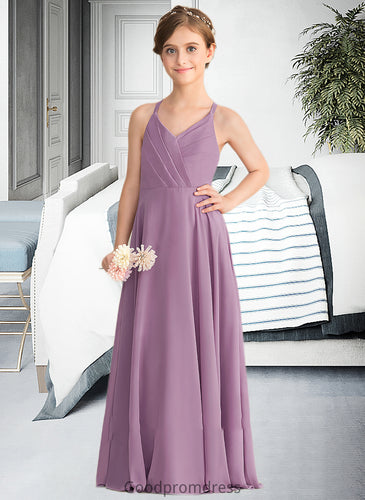 Denisse A-Line V-neck Floor-Length Chiffon Junior Bridesmaid Dress With Cascading Ruffles HDOP0013644