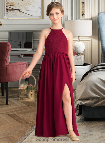 Gabrielle A-Line Scoop Neck Floor-Length Chiffon Lace Junior Bridesmaid Dress With Split Front HDOP0013645