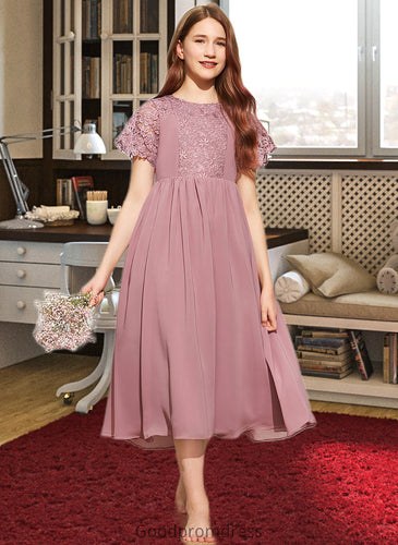 Hailey A-Line Scoop Neck Tea-Length Chiffon Lace Junior Bridesmaid Dress HDOP0013648