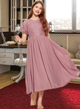 Load image into Gallery viewer, Hailey A-Line Scoop Neck Tea-Length Chiffon Lace Junior Bridesmaid Dress HDOP0013648