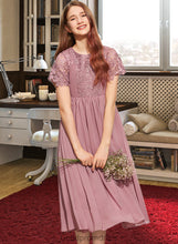 Load image into Gallery viewer, Hailey A-Line Scoop Neck Tea-Length Chiffon Lace Junior Bridesmaid Dress HDOP0013648