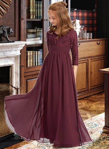 Caroline A-Line V-neck Floor-Length Chiffon Lace Junior Bridesmaid Dress HDOP0013652