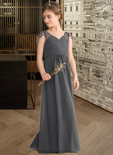 Allyson A-Line V-neck Floor-Length Chiffon Junior Bridesmaid Dress With Ruffle Beading HDOP0013653