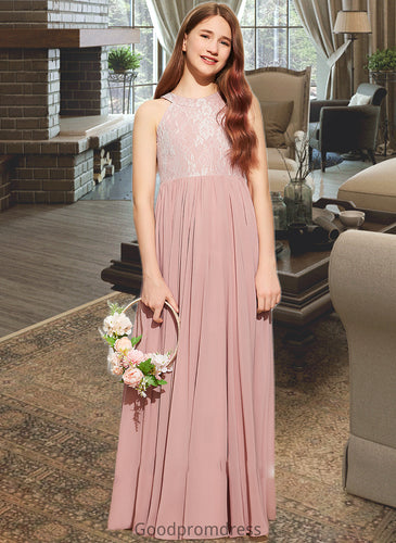 Catalina A-Line Scoop Neck Floor-Length Chiffon Lace Junior Bridesmaid Dress With Sequins HDOP0013655