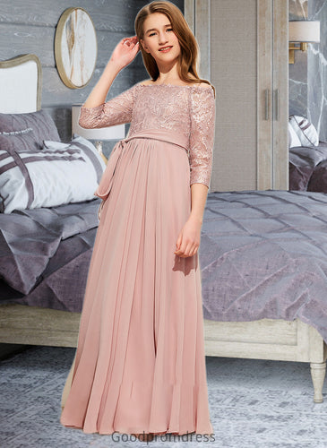 Keely A-Line Off-the-Shoulder Floor-Length Chiffon Lace Junior Bridesmaid Dress With Bow(s) HDOP0013658