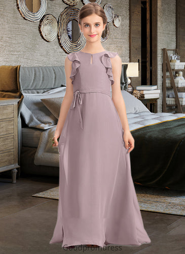 Mayra A-Line Scoop Neck Floor-Length Chiffon Junior Bridesmaid Dress With Bow(s) Cascading Ruffles HDOP0013659