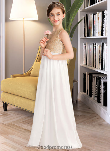Mollie A-Line Scoop Neck Floor-Length Chiffon Sequined Junior Bridesmaid Dress HDOP0013662