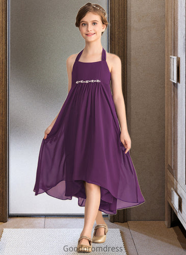 Corinne Empire Halter Asymmetrical Chiffon Junior Bridesmaid Dress With Beading Bow(s) HDOP0013663
