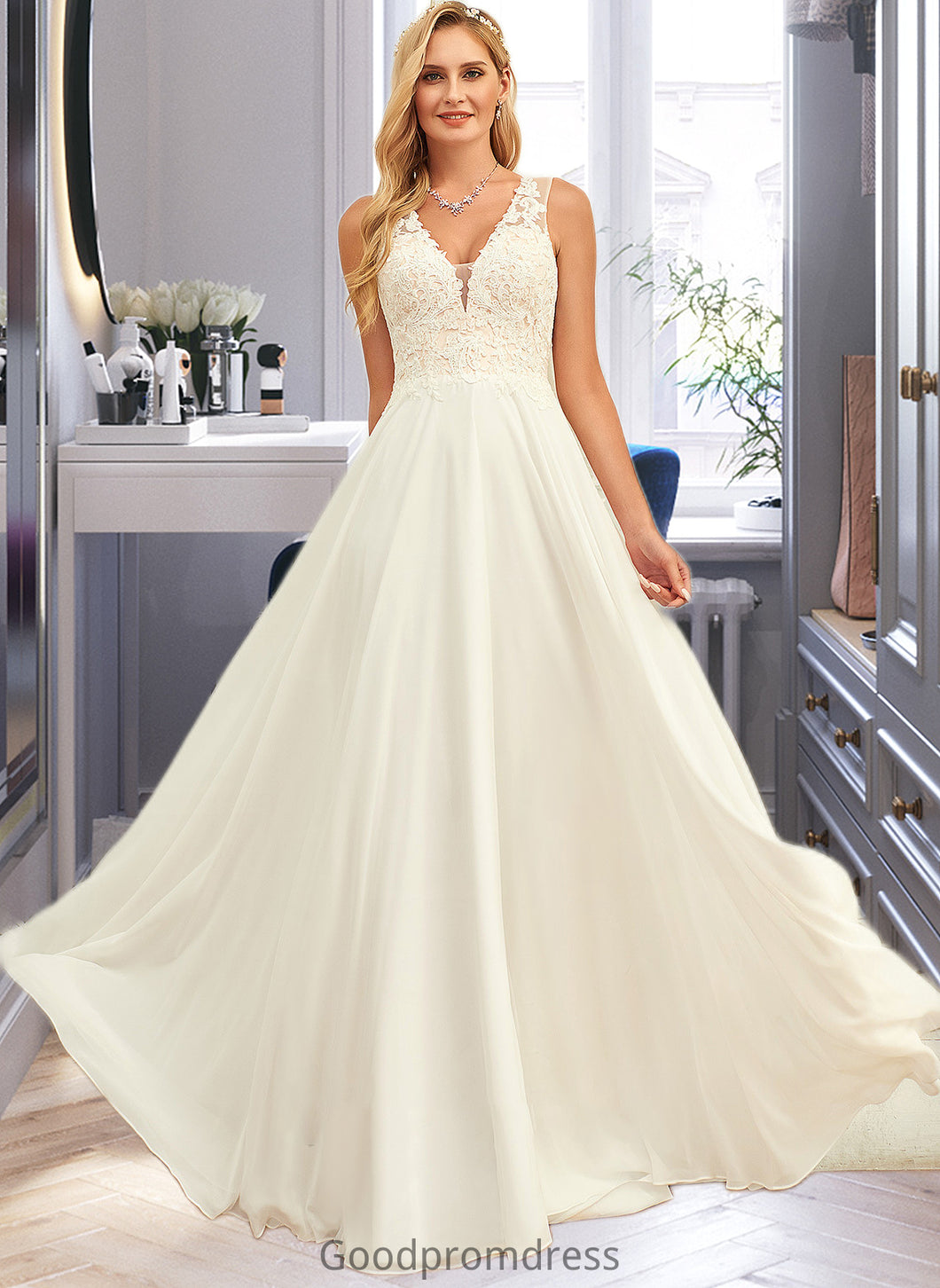 Cheyanne A-Line V-neck Sweep Train Chiffon Lace Wedding Dress With Lace HDOP0013677