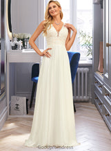 Load image into Gallery viewer, Cheyanne A-Line V-neck Sweep Train Chiffon Lace Wedding Dress With Lace HDOP0013677