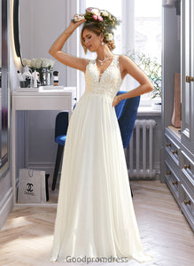 Cheyanne A-Line V-neck Sweep Train Chiffon Lace Wedding Dress With Lace HDOP0013677