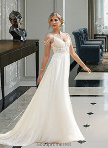 Danielle A-Line V-neck Sweep Train Chiffon Lace Wedding Dress With Beading Sequins HDOP0013681