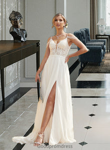 Danielle A-Line V-neck Sweep Train Chiffon Lace Wedding Dress With Beading Sequins HDOP0013681