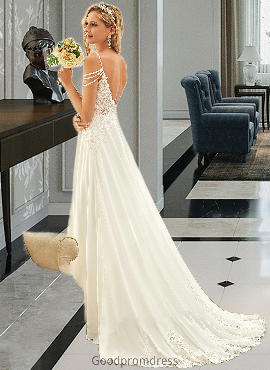 Danielle A-Line V-neck Sweep Train Chiffon Lace Wedding Dress With Beading Sequins HDOP0013681