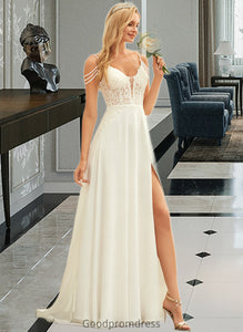 Danielle A-Line V-neck Sweep Train Chiffon Lace Wedding Dress With Beading Sequins HDOP0013681