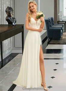 Danielle A-Line V-neck Sweep Train Chiffon Lace Wedding Dress With Beading Sequins HDOP0013681