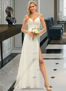 Danielle A-Line V-neck Sweep Train Chiffon Lace Wedding Dress With Beading Sequins HDOP0013681