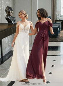 Danielle A-Line V-neck Sweep Train Chiffon Lace Wedding Dress With Beading Sequins HDOP0013681