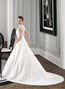 Tiara Ball-Gown/Princess V-neck Court Train Satin Lace Wedding Dress With Ruffle HDOP0013688