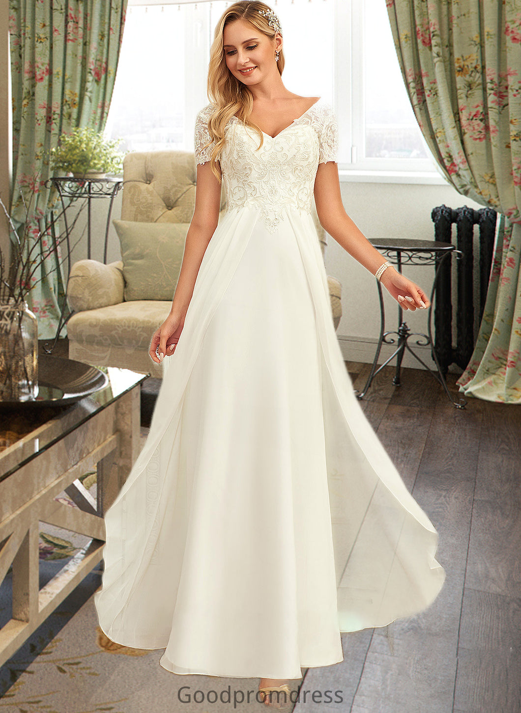 Kaiya A-Line V-neck Floor-Length Chiffon Lace Wedding Dress With Lace HDOP0013691