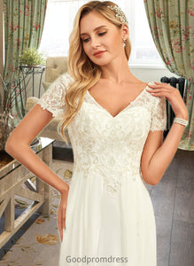 Kaiya A-Line V-neck Floor-Length Chiffon Lace Wedding Dress With Lace HDOP0013691