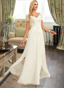 Kaiya A-Line V-neck Floor-Length Chiffon Lace Wedding Dress With Lace HDOP0013691