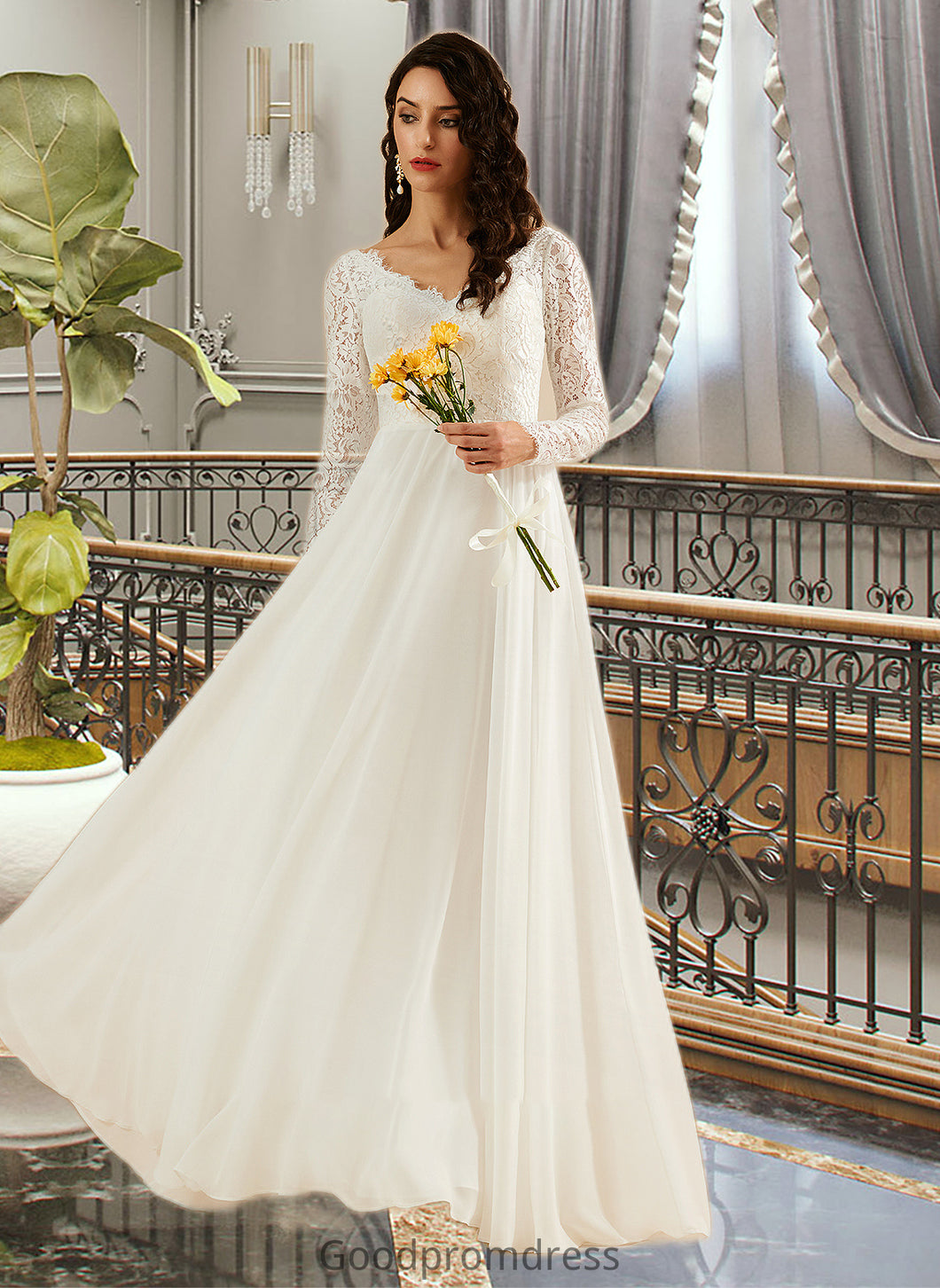 Saige A-Line V-neck Sweep Train Wedding Dress With Lace HDOP0013696