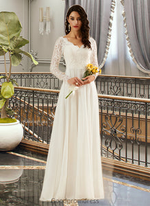 Saige A-Line V-neck Sweep Train Wedding Dress With Lace HDOP0013696