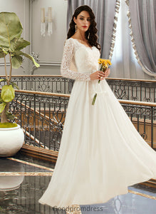 Saige A-Line V-neck Sweep Train Wedding Dress With Lace HDOP0013696