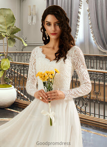 Saige A-Line V-neck Sweep Train Wedding Dress With Lace HDOP0013696