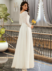 Saige A-Line V-neck Sweep Train Wedding Dress With Lace HDOP0013696