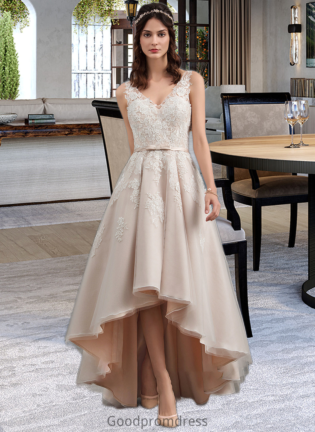 Paisley A-Line V-neck Asymmetrical Tulle Lace Wedding Dress With Bow(s) HDOP0013717