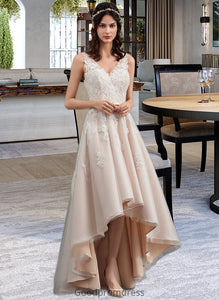 Paisley A-Line V-neck Asymmetrical Tulle Lace Wedding Dress With Bow(s) HDOP0013717